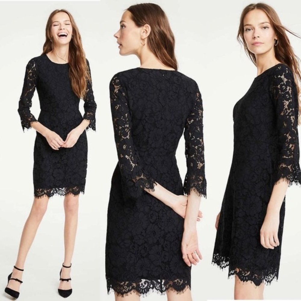 Ann Taylor 8 Black Lace Bell Sleeve Sheath Dress